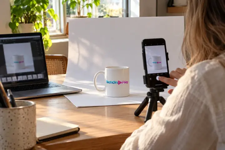 Pessoa fotografa com o celular num tripé uma caneca branca com o logotipo do TechOnPlay, diante de um fundo de papel branco, com o notebook ao lado mostrando a mesma foto