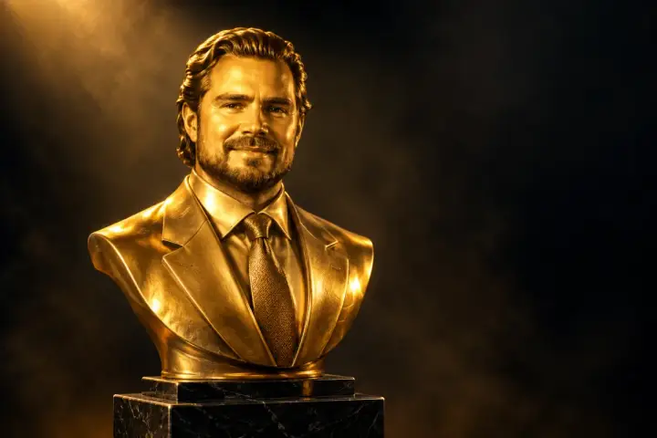 Ilustração criada com IA de um busto dourado de homem de terno e gravata sobre pedestal de mármore preto, em fundo escuro