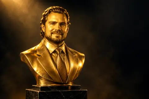 Ilustração criada com IA de um busto dourado de homem de terno e gravata sobre pedestal de mármore preto, em fundo escuro