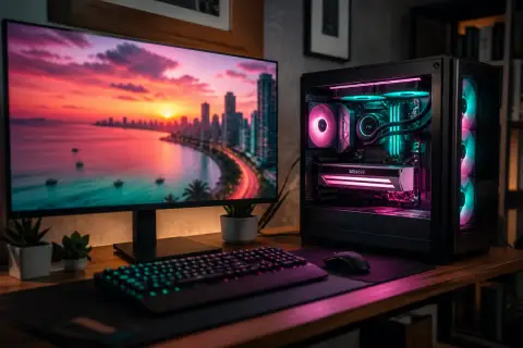 PC gamer com iluminação rosa e turquesa e monitor exibindo uma cidade litorânea ao pôr do sol