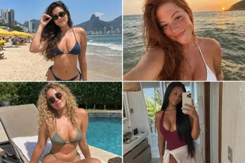 Colagem com quatro selfies de influenciadoras de biquíni na praia, todas geradas por IA e tão realistas que parecem fotos de perfis de verdade