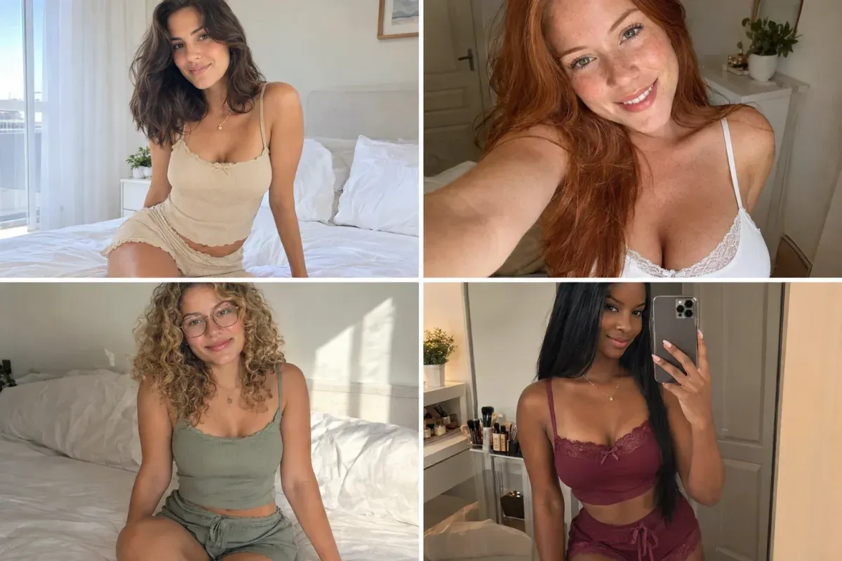 Colagem de quatro mulheres em roupas de dormir e loungewear, geradas por IA, em fotos que imitam selfies de rede social