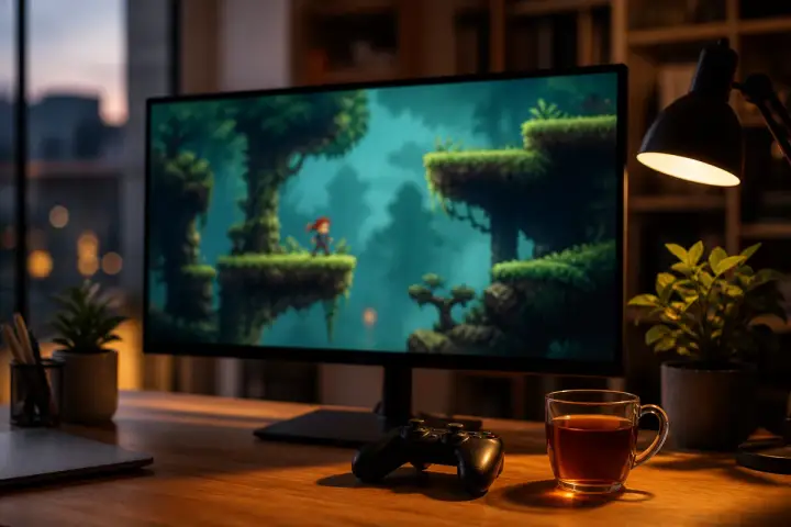 Mesa com monitor exibindo um jogo indie colorido desfocado, controle e uma xícara de chá