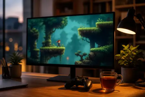 Mesa com monitor exibindo um jogo indie colorido desfocado, controle e uma xícara de chá
