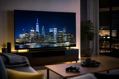 TV TCL C6K Mini LED na sala com controle de videogame em primeiro plano