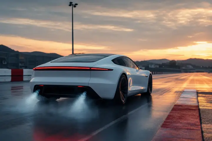 Carro esportivo elétrico branco e futurista em pista de testes ao amanhecer, com propulsores soltando névoa fria na traseira