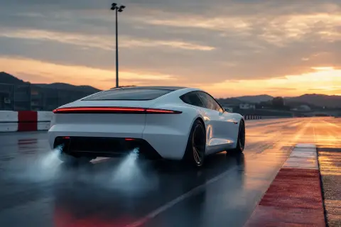 Carro esportivo elétrico branco e futurista em pista de testes ao amanhecer, com propulsores soltando névoa fria na traseira