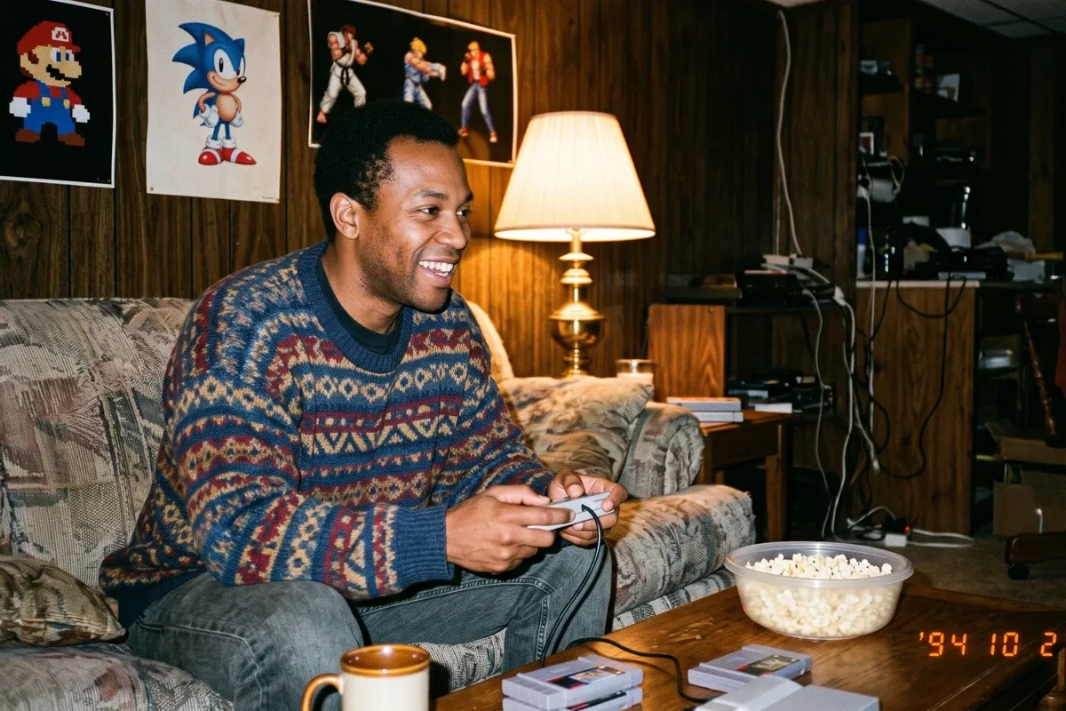 Foto de estilo anos 90 gerada por IA: homem sorrindo e jogando videogame em uma sala com painéis de madeira, pôsteres de games na parede e data impressa no canto da foto
